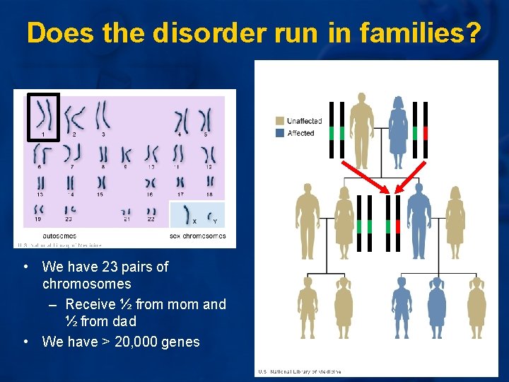 Does the disorder run in families? • We have 23 pairs of chromosomes – Does the disorder run in families? • We have 23 pairs of chromosomes –