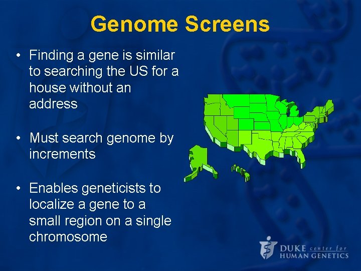 Genome Screens • Finding a gene is similar to searching the US for a Genome Screens • Finding a gene is similar to searching the US for a
