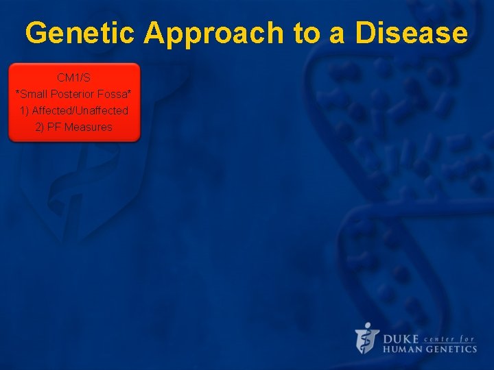 Genetic Approach to a Disease CM 1/S *Small Posterior Fossa* Define the 1) Affected/Unaffected Genetic Approach to a Disease CM 1/S *Small Posterior Fossa* Define the 1) Affected/Unaffected