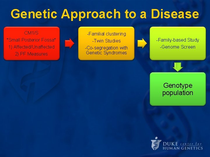 Genetic Approach to a Disease CM 1/S *Small Posterior Fossa* Define the 1) Affected/Unaffected Genetic Approach to a Disease CM 1/S *Small Posterior Fossa* Define the 1) Affected/Unaffected