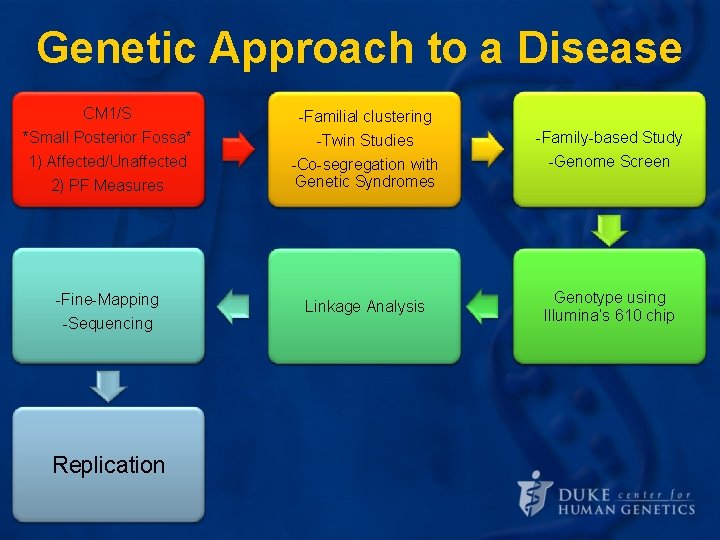 Genetic Approach to a Disease CM 1/S *Small Posterior Fossa* Define the 1) Affected/Unaffected Genetic Approach to a Disease CM 1/S *Small Posterior Fossa* Define the 1) Affected/Unaffected