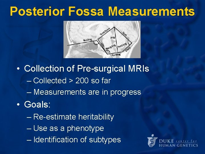 Posterior Fossa Measurements • Collection of Pre-surgical MRIs – Collected > 200 so far Posterior Fossa Measurements • Collection of Pre-surgical MRIs – Collected > 200 so far