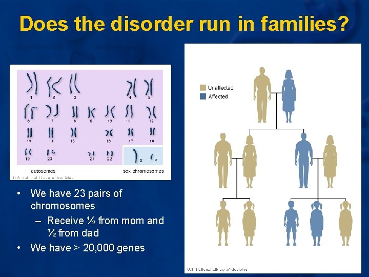 Does the disorder run in families? • We have 23 pairs of chromosomes – Does the disorder run in families? • We have 23 pairs of chromosomes –