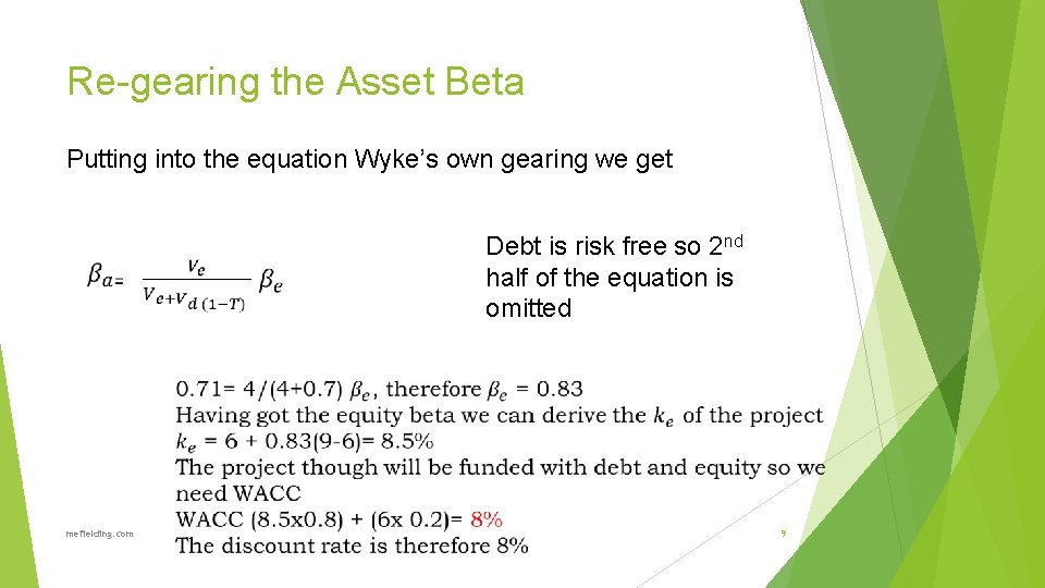 Re-gearing the Asset Beta Putting into the equation Wyke’s own gearing we get Debt