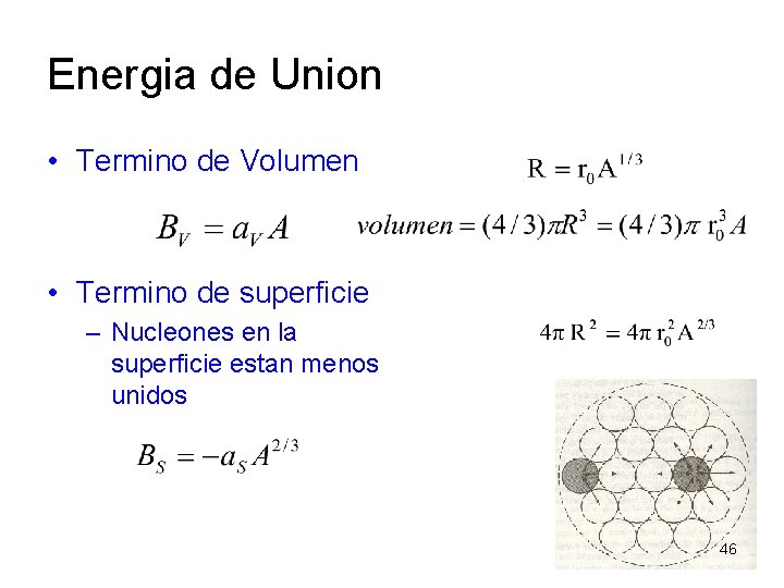 Energia de Union • Termino de Volumen • Termino de superficie – Nucleones en