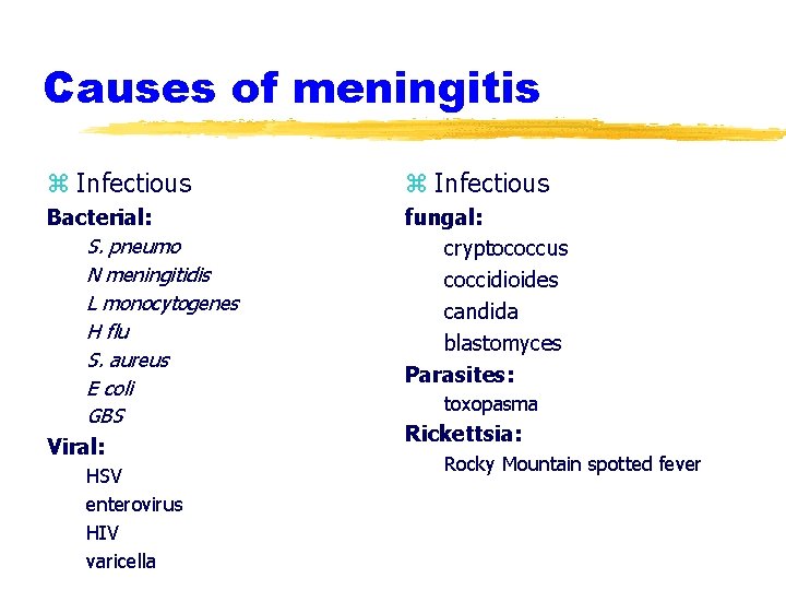 Causes of meningitis z Infectious Bacterial: S. pneumo N meningitidis L monocytogenes H flu