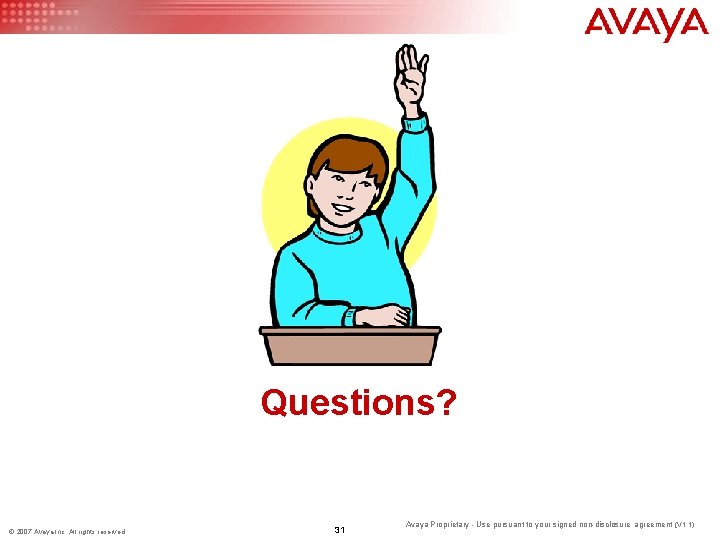 Questions? © 2007 Avaya Inc. All rights reserved. 31 Avaya Proprietary - Use pursuant