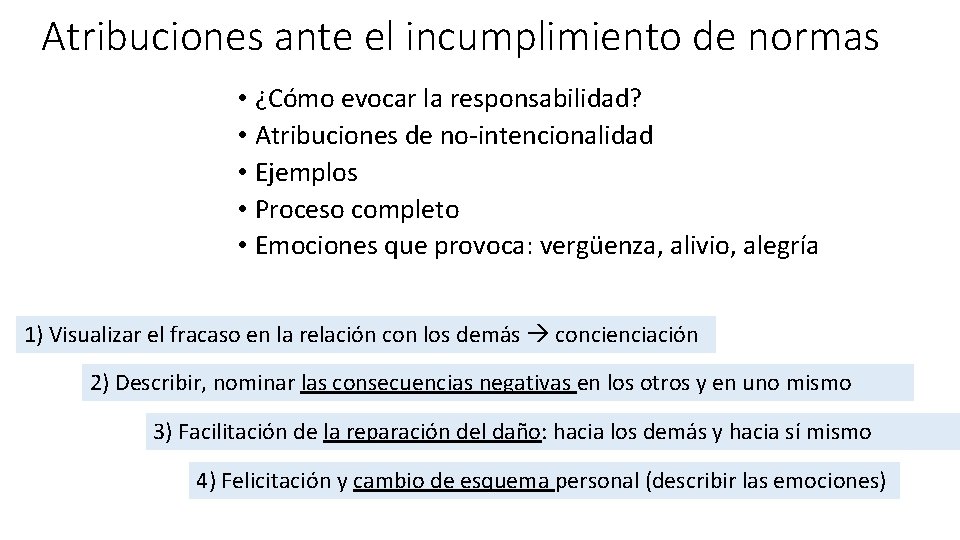 Atribuciones ante el incumplimiento de normas • ¿Cómo evocar la responsabilidad? • Atribuciones de