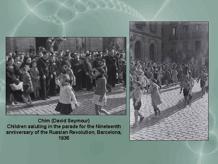 Chim (David Seymour) Children saluting in the parade for the Nineteenth anniversary of the