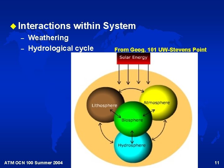 u Interactions within System – – Weathering Hydrological cycle ATM OCN 100 Summer 2004