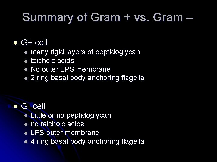 Summary of Gram + vs. Gram – l G+ cell l l many rigid