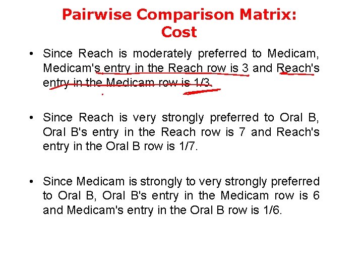 Pairwise Comparison Matrix: Cost • Since Reach is moderately preferred to Medicam, Medicam's entry