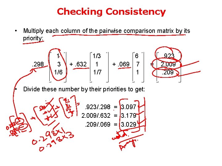 Checking Consistency • Multiply each column of the pairwise comparison matrix by its priority: