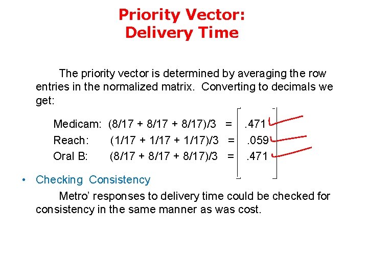 Priority Vector: Delivery Time The priority vector is determined by averaging the row entries