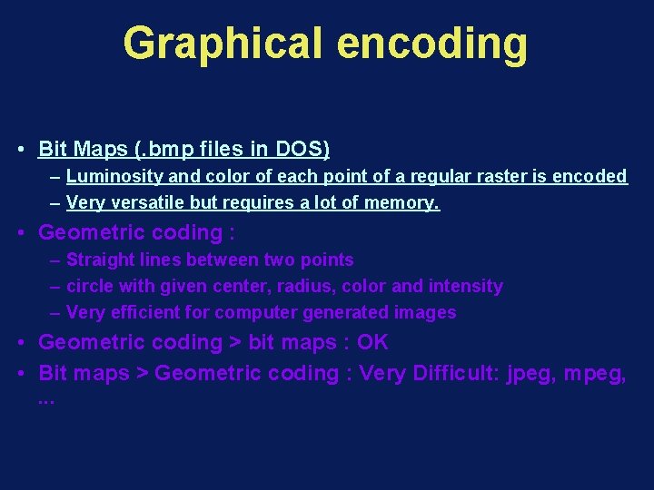 Graphical encoding • Bit Maps (. bmp files in DOS) – Luminosity and color