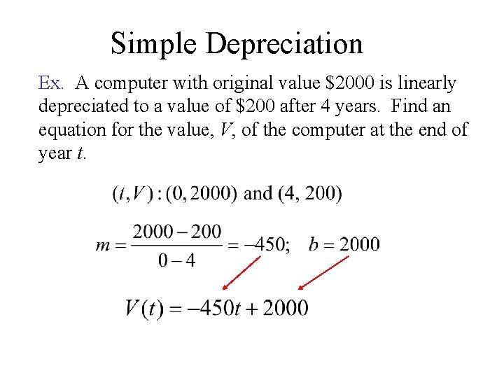 Simple Depreciation Ex. A computer with original value $2000 is linearly depreciated to a