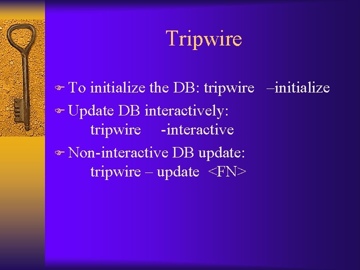 Tripwire F To initialize the DB: tripwire –initialize F Update DB interactively: tripwire -interactive