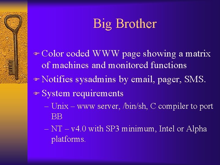 Big Brother F Color coded WWW page showing a matrix of machines and monitored
