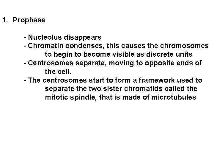 1. Prophase - Nucleolus disappears - Chromatin condenses, this causes the chromosomes to begin