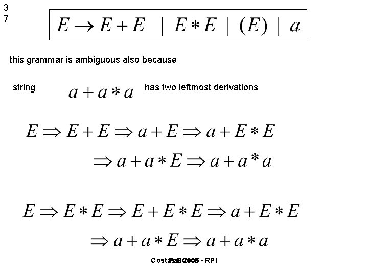 3 7 this grammar is ambiguous also because string has two leftmost derivations Costas