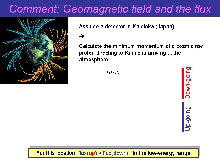 Comment: Geomagnetic field and the flux Assume a detector in Kamioka (Japan) Up-going Ge.