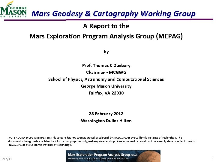 Mars Geodesy & Cartography Working Group A Report to the Mars Exploration Program Analysis