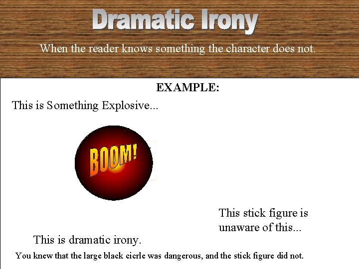When the reader knows something the character does not. EXAMPLE: This is Something Explosive.