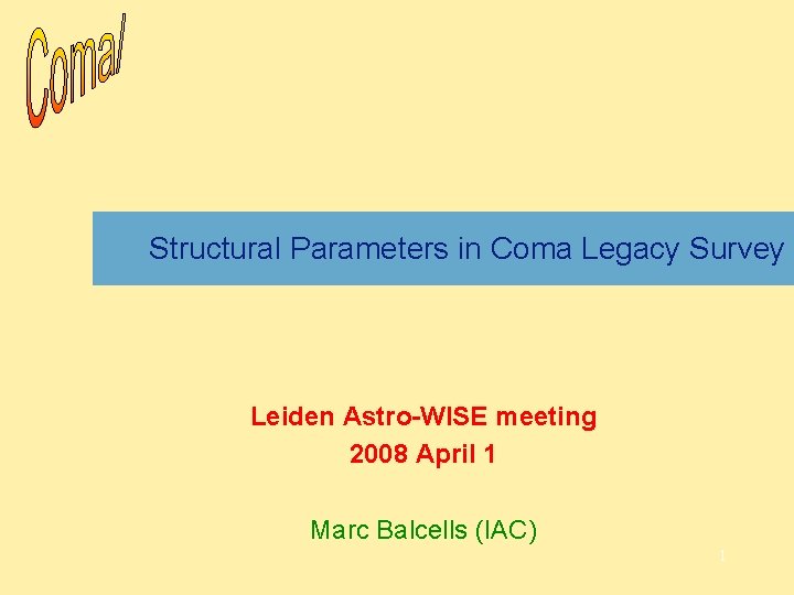 Structural Parameters in Coma Legacy Survey Leiden Astro-WISE meeting 2008 April 1 Marc Balcells
