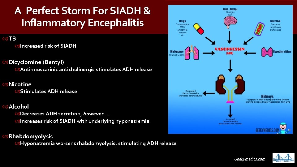 A Perfect Storm For SIADH & Inflammatory Encephalitis TBI Increased risk of SIADH Dicyclomine
