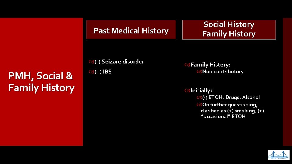 Past Medical History (-) Seizure disorder PMH, Social & Family History (+) IBS Social