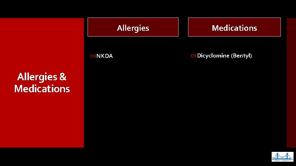 Allergies NKDA Allergies & Medications Dicyclomine (Bentyl) 