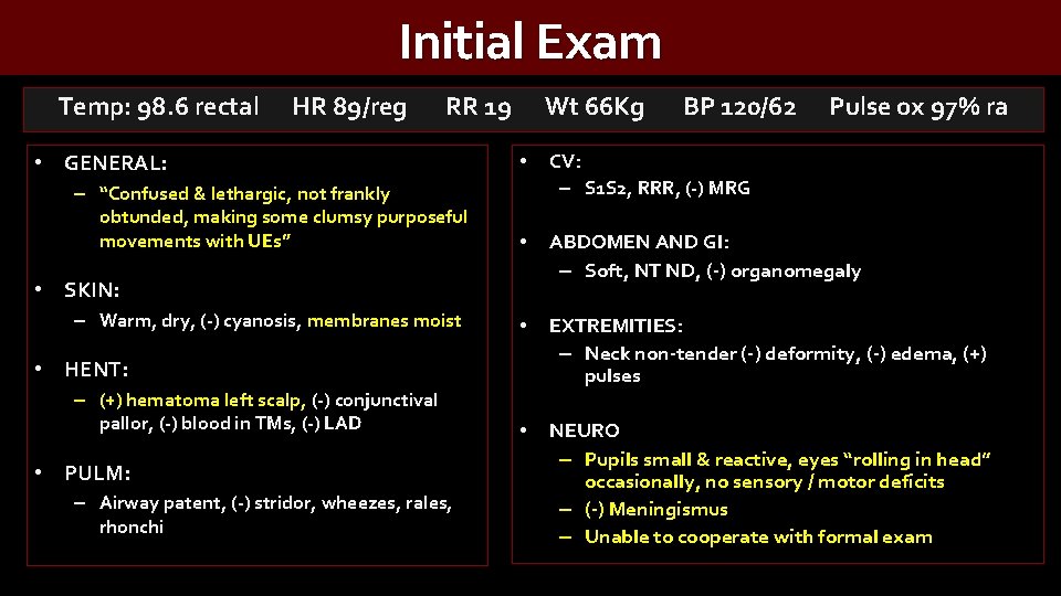 Initial Exam Temp: 98. 6 rectal HR 89/reg RR 19 Wt 66 Kg BP