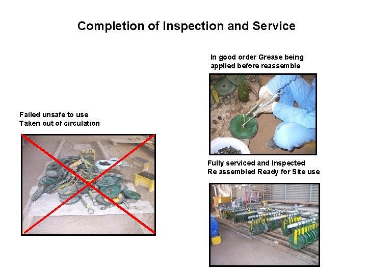 Completion of Inspection and Service In good order Grease being applied before reassemble Failed