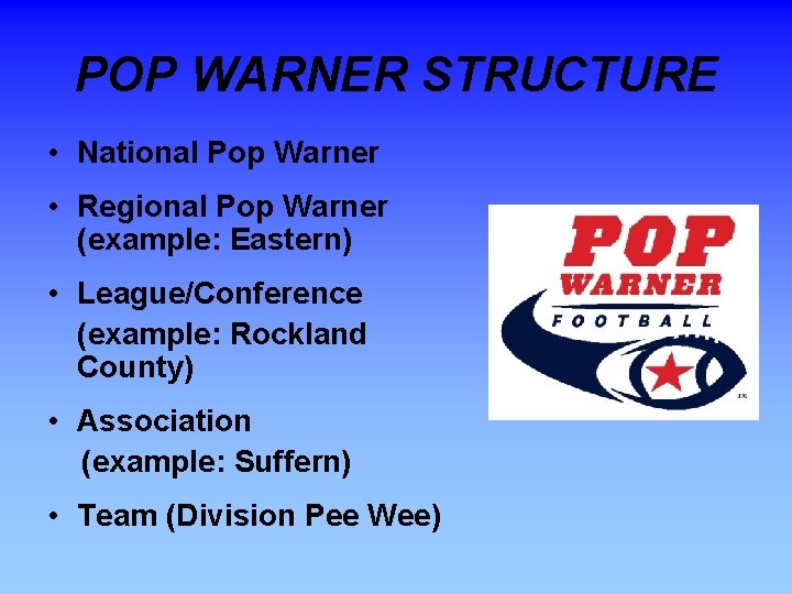 POP WARNER STRUCTURE • National Pop Warner • Regional Pop Warner (example: Eastern) •