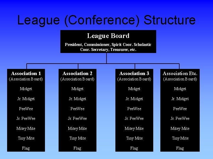 League (Conference) Structure League Board President, Commissioner, Spirit Coor. Scholastic Coor. Secretary, Treasurer, etc.