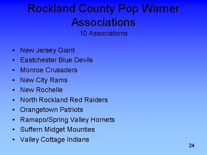 Rockland County Pop Warner Associations 10 Associations • • • New Jersey Giant Eastchester