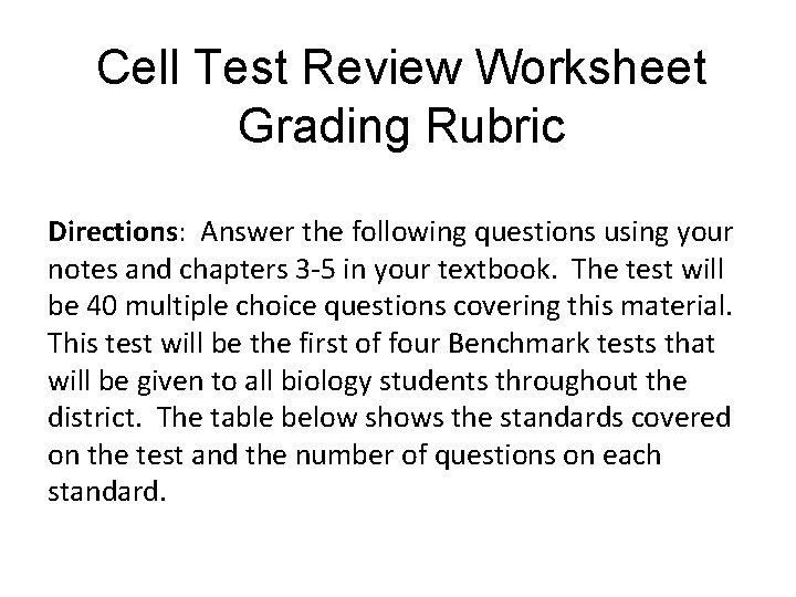 Cell Test Review Worksheet Grading Rubric Directions: Answer the following questions using your notes