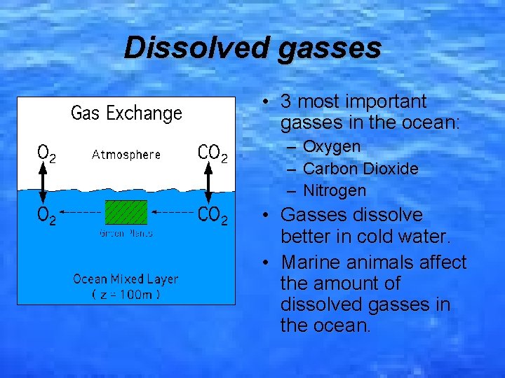 Dissolved gasses • 3 most important gasses in the ocean: – Oxygen – Carbon