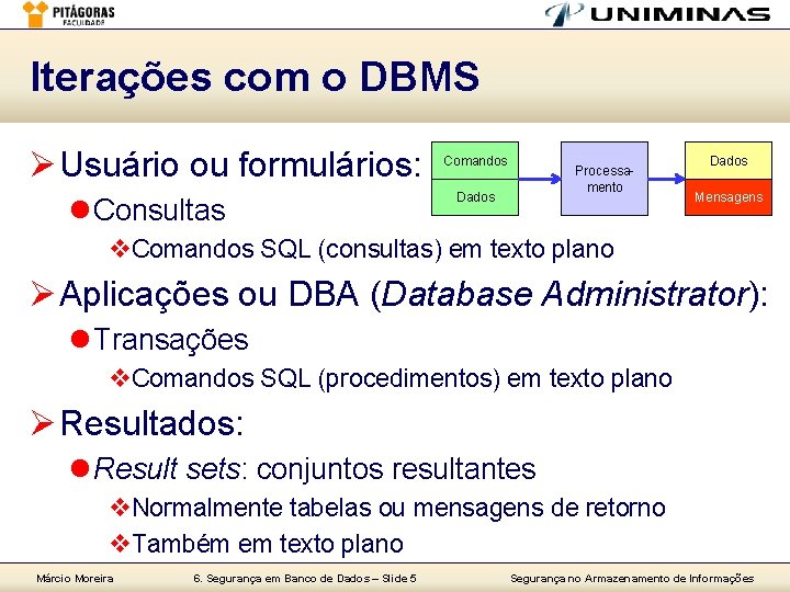 Iterações com o DBMS Ø Usuário ou formulários: l Consultas Comandos Processamento Dados Mensagens