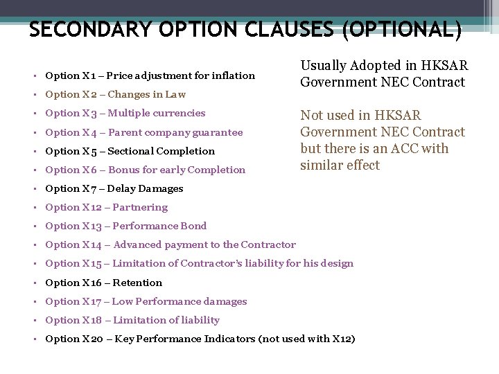 SECONDARY OPTION CLAUSES (OPTIONAL) • Option X 1 – Price adjustment for inflation •