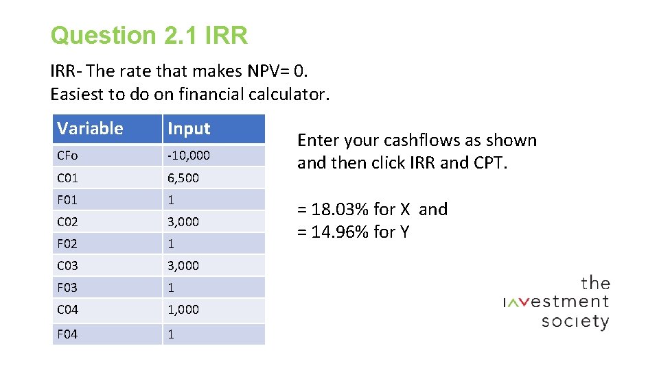 Question 2. 1 IRR- The rate that makes NPV= 0. Easiest to do on