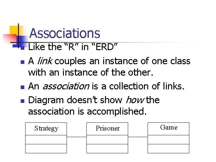 Associations n n Like the “R” in “ERD” A link couples an instance of