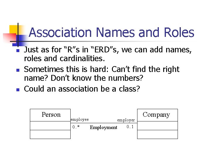 Association Names and Roles n n n Just as for “R”s in “ERD”s, we