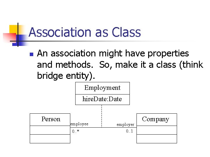 Association as Class n An association might have properties and methods. So, make it