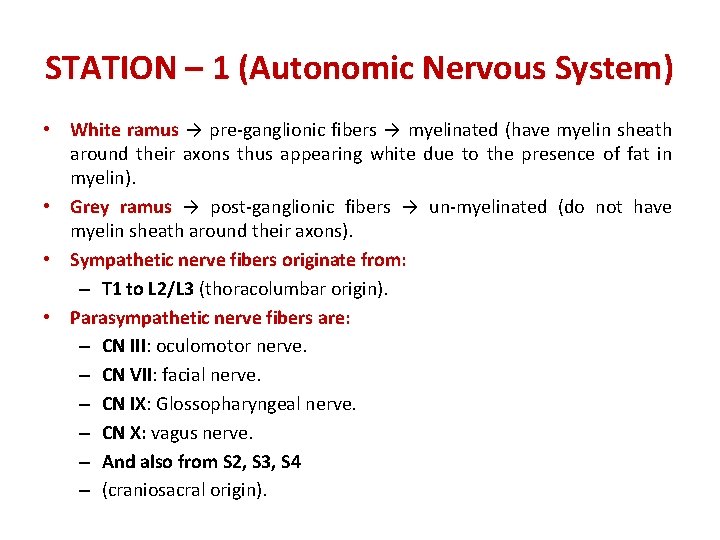 STATION – 1 (Autonomic Nervous System) • White ramus → pre-ganglionic fibers → myelinated