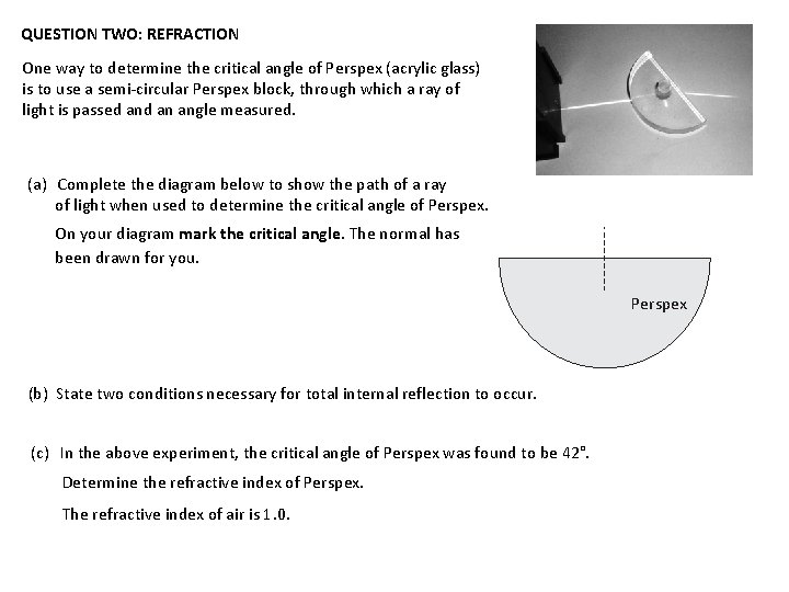 QUESTION TWO: REFRACTION One way to determine the critical angle of Perspex (acrylic glass)