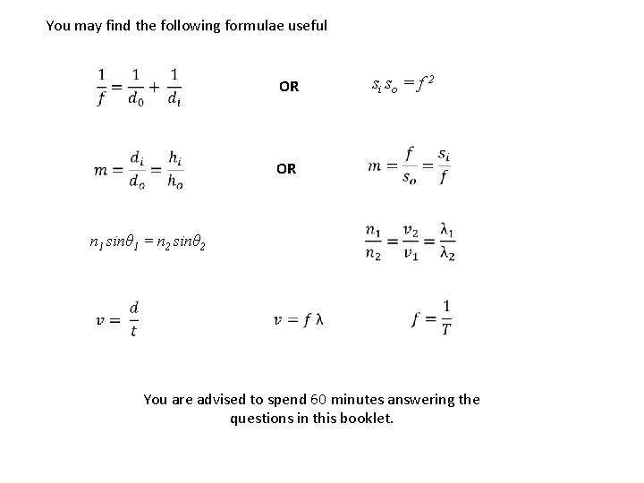 You may find the following formulae useful OR n 1 sinθ 1 = n