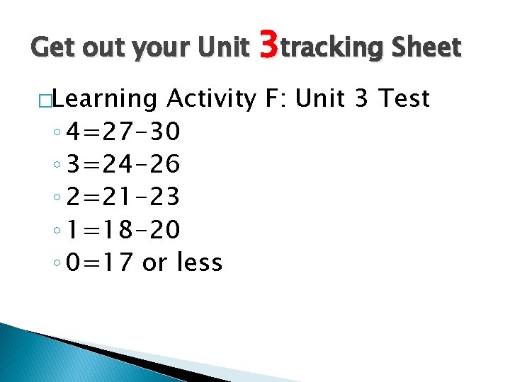 Get out your Unit 3 tracking Sheet �Learning Activity F: Unit 3 Test ◦