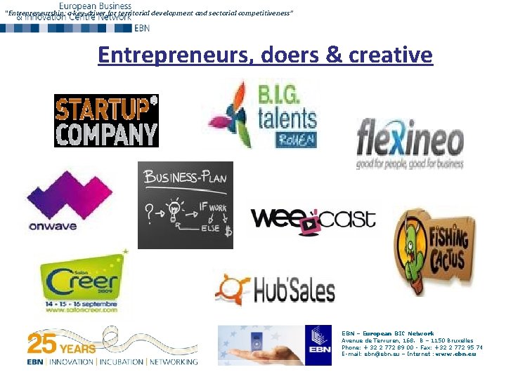 “Entrepreneurship: a key-driver for territorial development and sectorial competitiveness” Entrepreneurs, doers & creative EBN