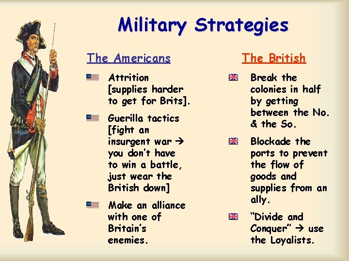 Military Strategies The Americans Attrition [supplies harder to get for Brits]. Guerilla tactics [fight